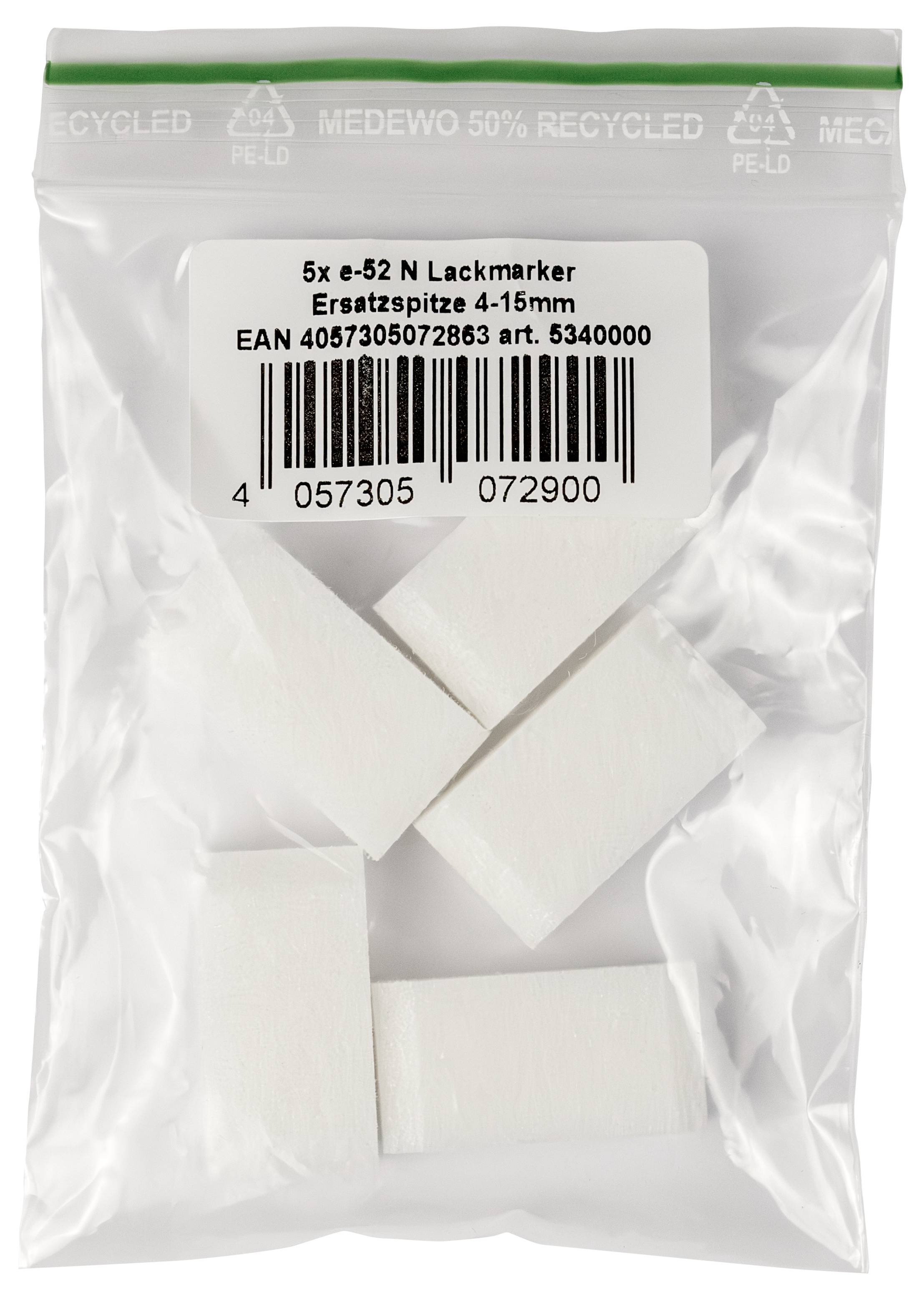 Plastiktüte mit fünf weißen Ersatzspitzen für Lackmarker, beschriftet mit „5x e-52 N Lackmarker Ersatzspitze 4-15mm