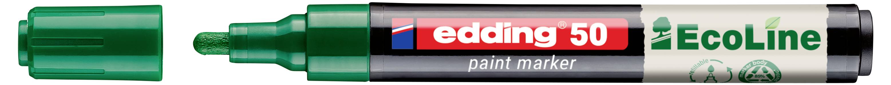 Grüner Edding 50 EcoLine Lackmarker mit Kappe, horizontal dargestellt.
