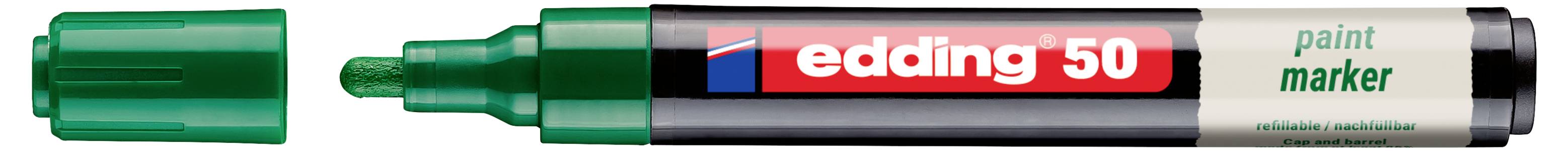 Ein grüner Edding 50 Lackmarker mit abgenommener Kappe, der die Spitze und das Markenlogo auf dem Schaft zeigt.