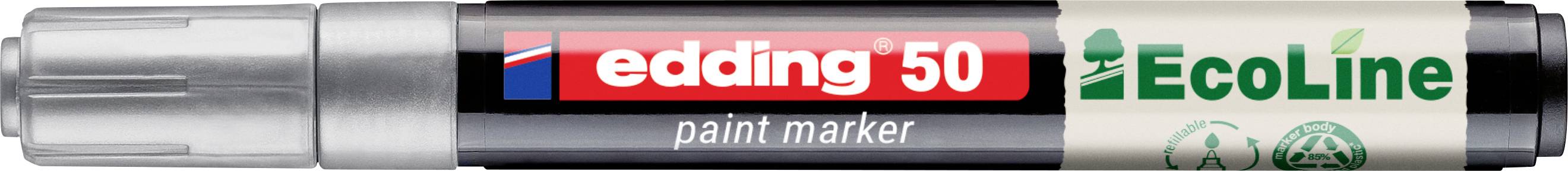 Ein silberner Edding 50 Ecoline Lackmarker mit schwarzer Kappe und rotem, grünem und weißem Etikett.
