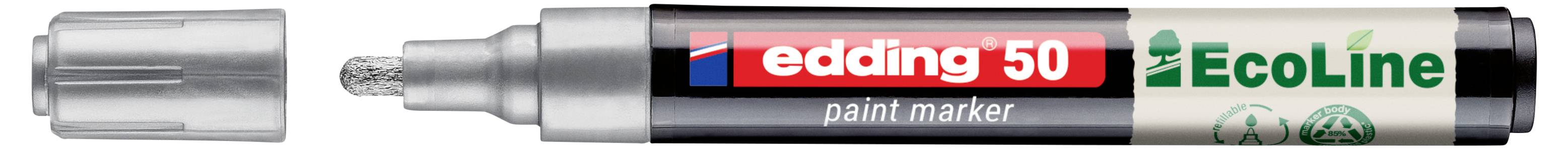 Silberner Edding 50 EcoLine Lackmarker horizontal dargestellt, mit roten und grünen Produktetiketten auf weißem Hintergrund.