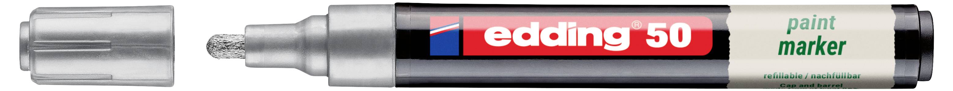 Ein silberner Edding 50 Lackmarker mit rotem und schwarzem Etikett, dargestellt mit entfernter Kappe, um die Spitze freizulegen.