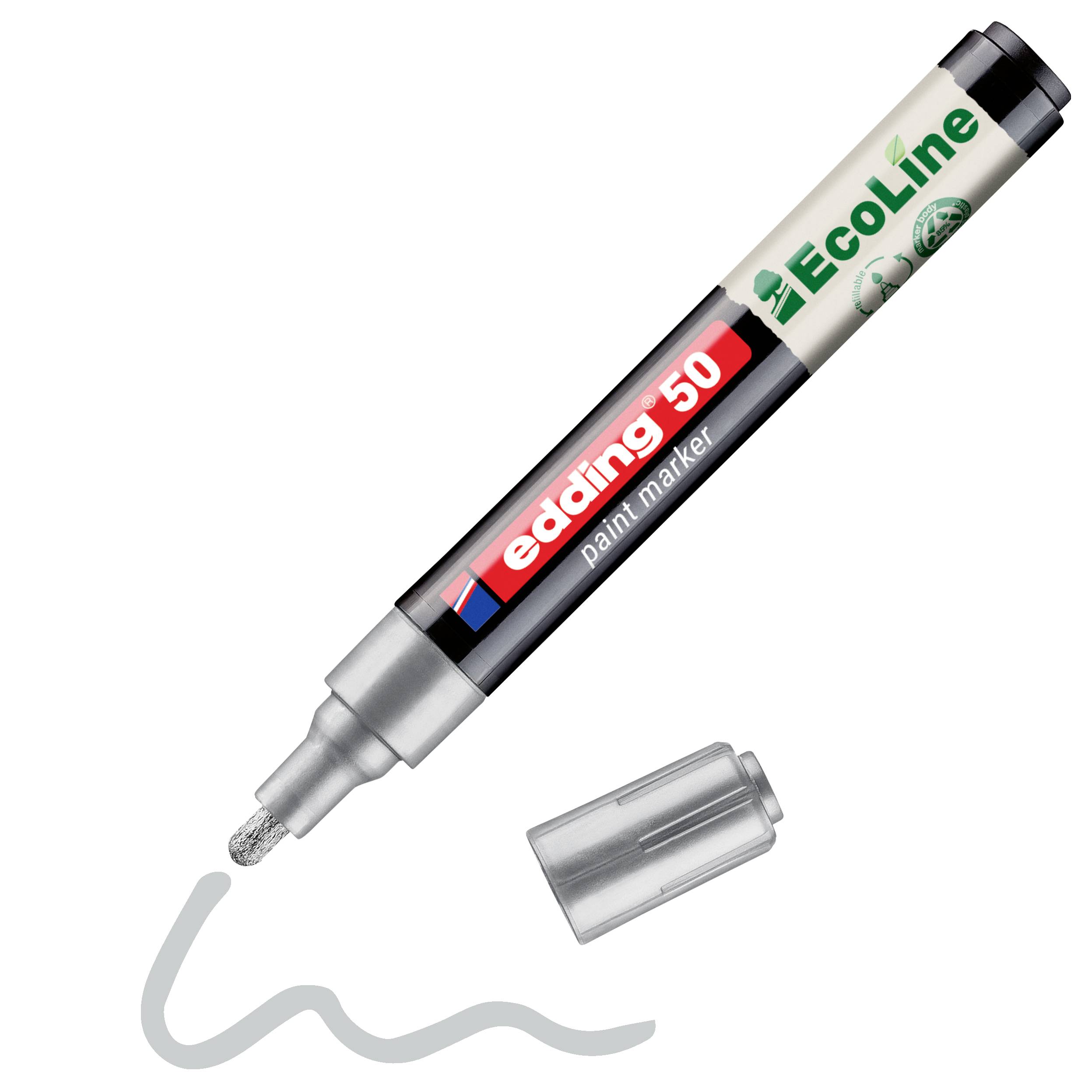 Edding 50 Ecoline Lackmalstift mit abgenommener Kappe, der eine graue Wellenlinie auf weißem Hintergrund zeichnet.