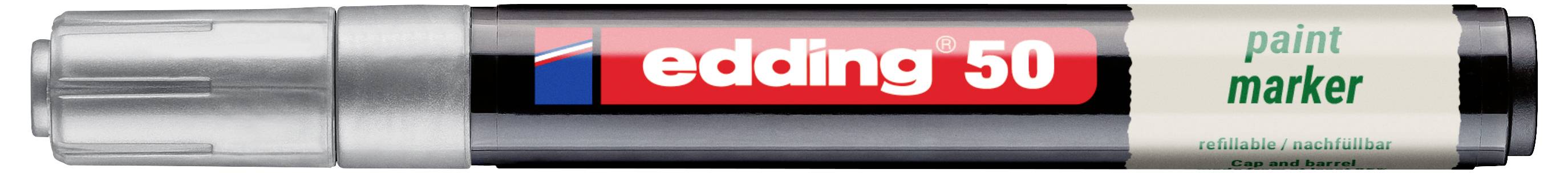 Silber Edding 50 Lackmarker mit schwarz-rotem Etikett, horizontal auf weißem Hintergrund dargestellt.