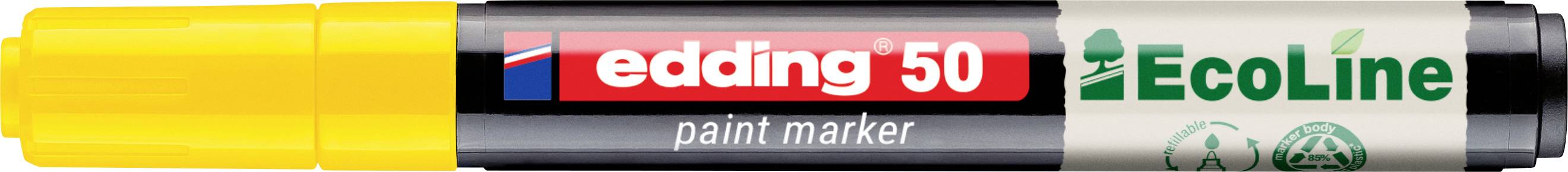 Gelber Edding 50 EcoLine Lackmarker mit schwarzer Kappe und schwarzem Schaft, beschriftet mit roter und grüner Markenzeichnung.
