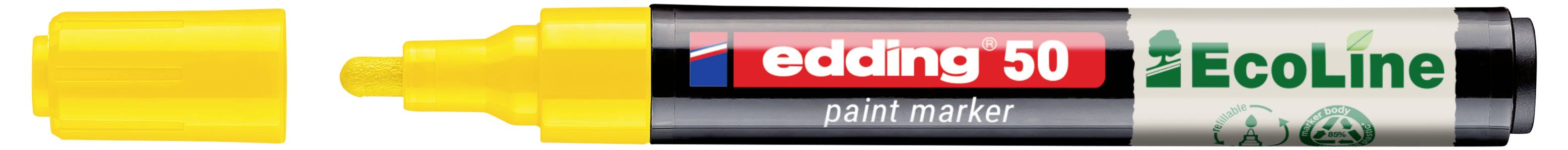 Gelber Edding 50 EcoLine Lackmarker mit entfernter Kappe, der die Meißelspitze zeigt.