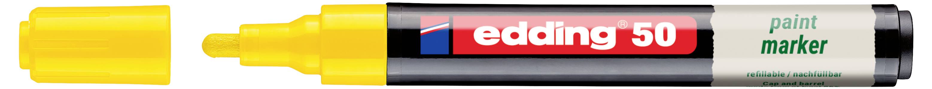 Gelber Edding 50 Lackmarker mit aufgesetzter Kappe, horizontal auf weißem Hintergrund dargestellt.