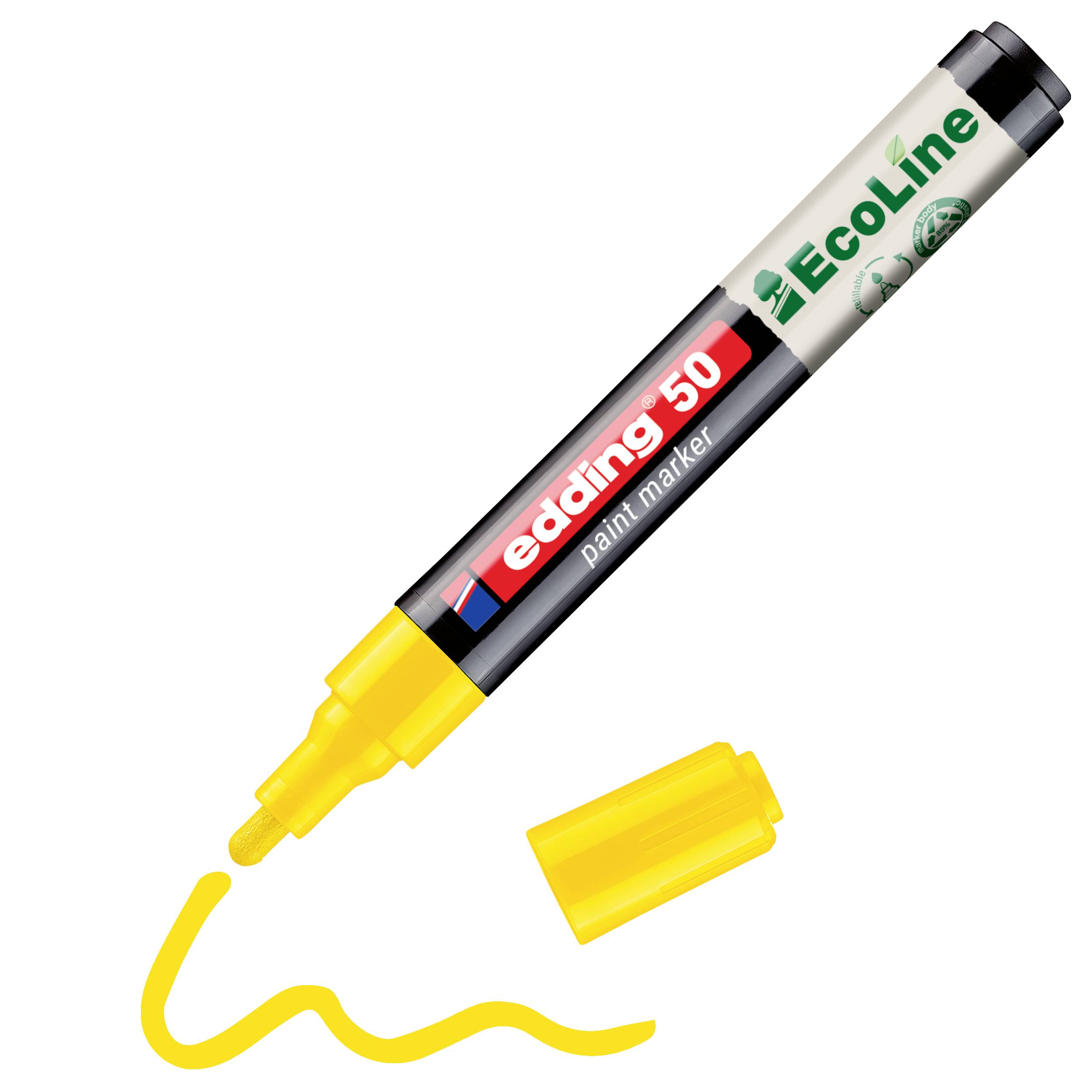 Gelber Edding 50 Lackmarker mit entfernter Kappe, der eine gelbe Linie zeigt, die von der Spitze gezogen wird.