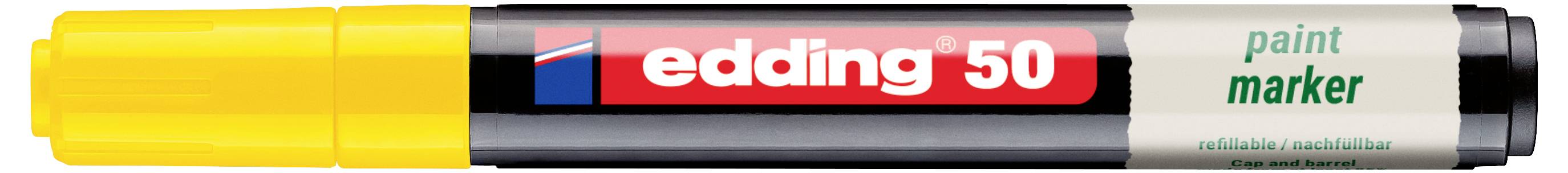 Gelber Edding 50 Lackmarker mit schwarzem Körper, rotem Etikett und grauer Kappe, horizontal auf weißem Hintergrund dargestellt.