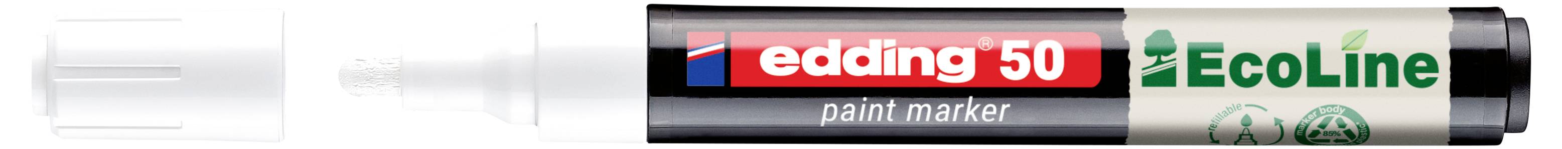 Ein weißer Paint Marker mit einem schwarzrot-weißen „edding 50
