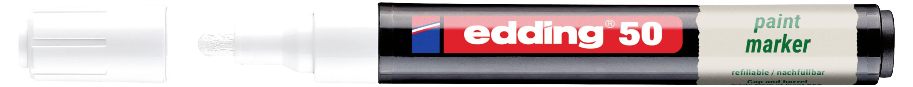 Ein schwarzer Lackmarker mit der Bezeichnung „edding 50" mit rotem und grünem Text, gezeigt neben seiner weißen Kappe.