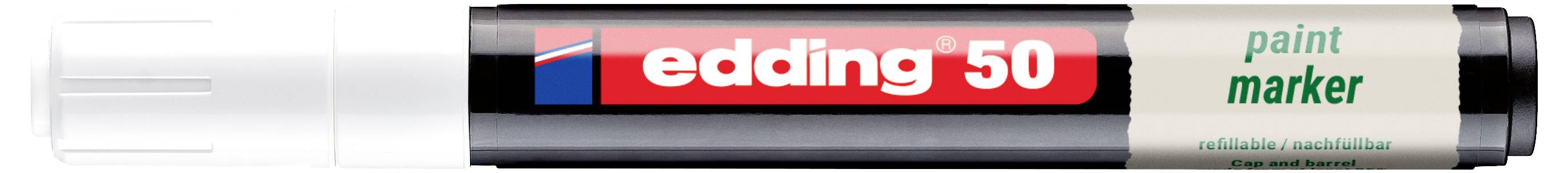 Weißer Lackmarker mit der Bezeichnung "edding 50" mit schwarzer Spitze und silbernem Gehäuse.