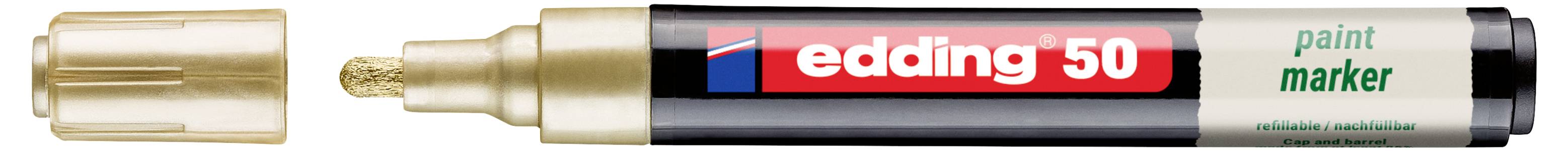 Mal- und Lackmarker mit abgenommener Kappe, die goldfarbene Spitze zeigend; Etikett trägt die Aufschrift „edding 50" und „Lackmarker".