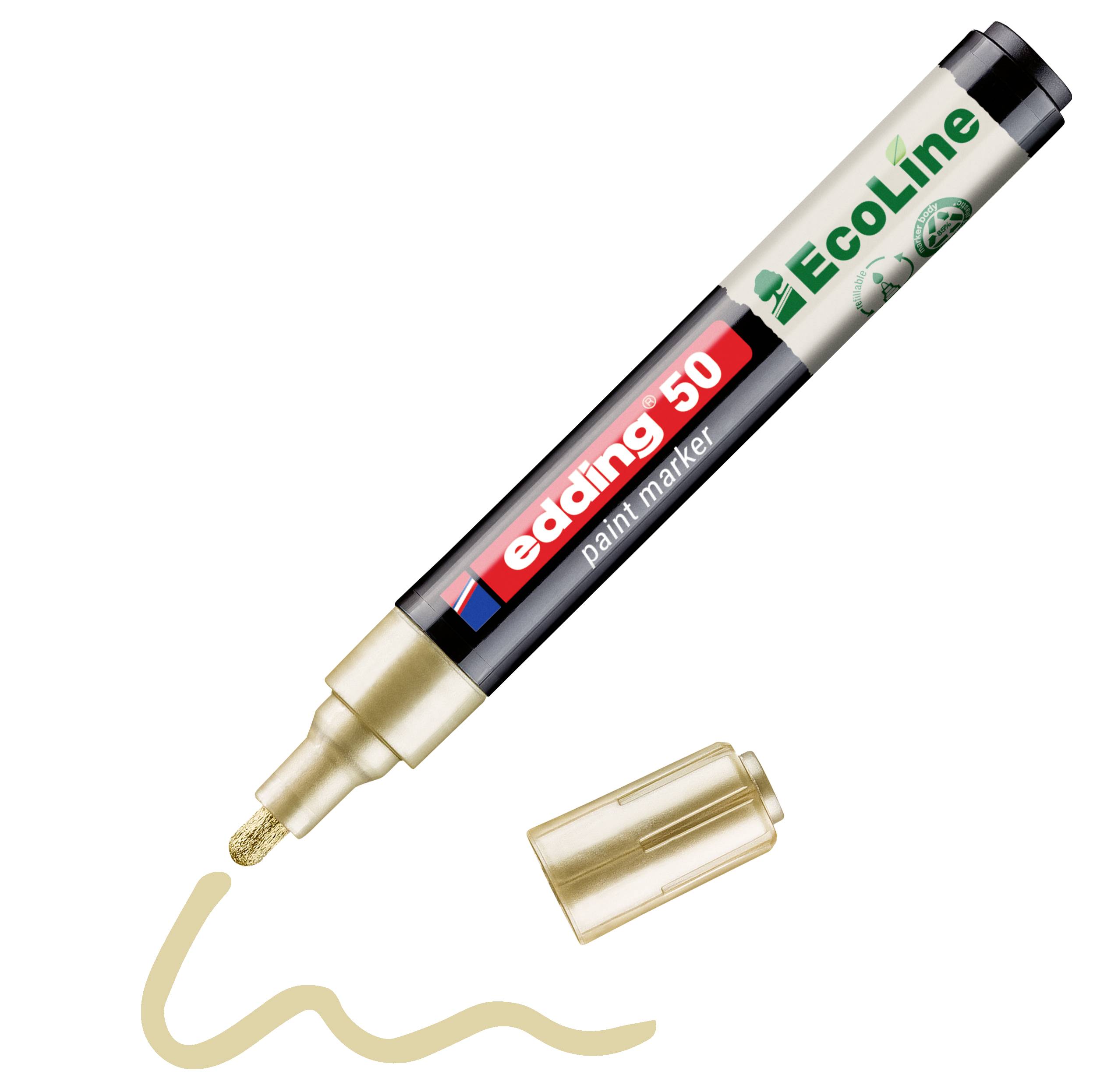 Edding 50 Goldmarker mit abgenommener Kappe, schreibt eine beigefarbene Linie auf weißem Hintergrund.