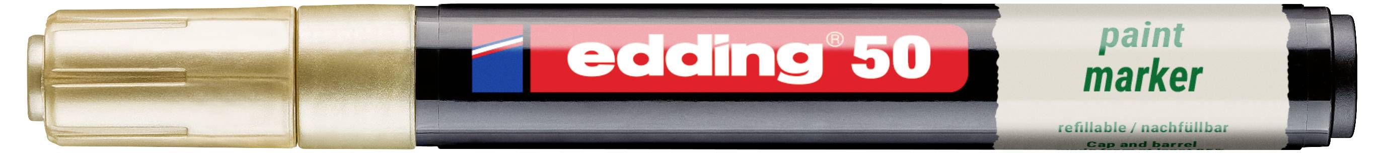 Nahaufnahme eines Edding 50 Lackmarkers mit goldener Kappe und schwarzem Schaft mit der Beschriftung "edding 50" und "paint marker".