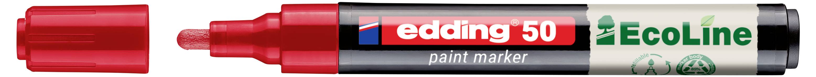 Roter Edding 50 Lackmarker mit roter Kappe, gekennzeichnet mit EcoLine, horizontal auf weißem Hintergrund dargestellt.