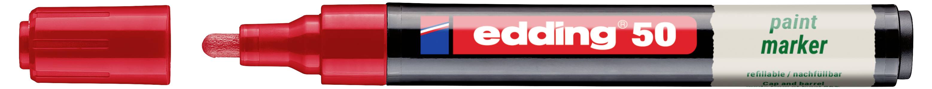 Ein roter Edding 50 Lackmarker mit aufgesetzter Kappe, horizontal auf weißem Hintergrund dargestellt.