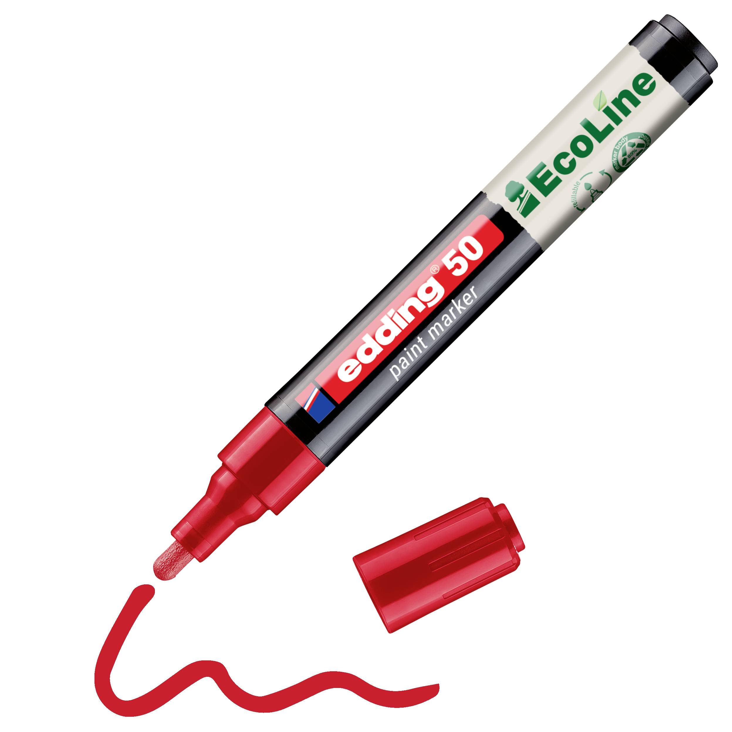 Roter Edding 50 Lackmarker mit abgenommener Kappe, der eine rote wellige Linie zeichnet.