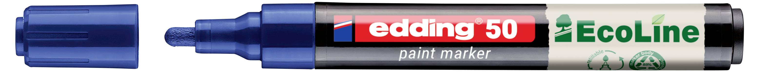 Blauer Edding 50 EcoLine Lackmarker mit Kappe, daneben die Spitze gezeigt, gekennzeichnet zum Markieren und Schreiben auf verschiedenen Oberflächen.