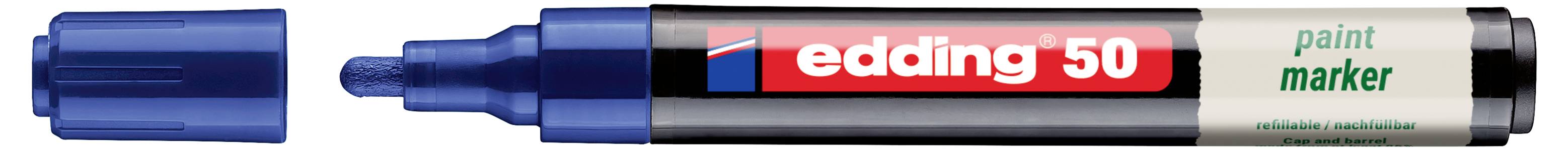 Blauer Edding 50 Lackmarker mit Kappe in Seitenansicht, beschriftet mit „edding 50" und „paint marker".