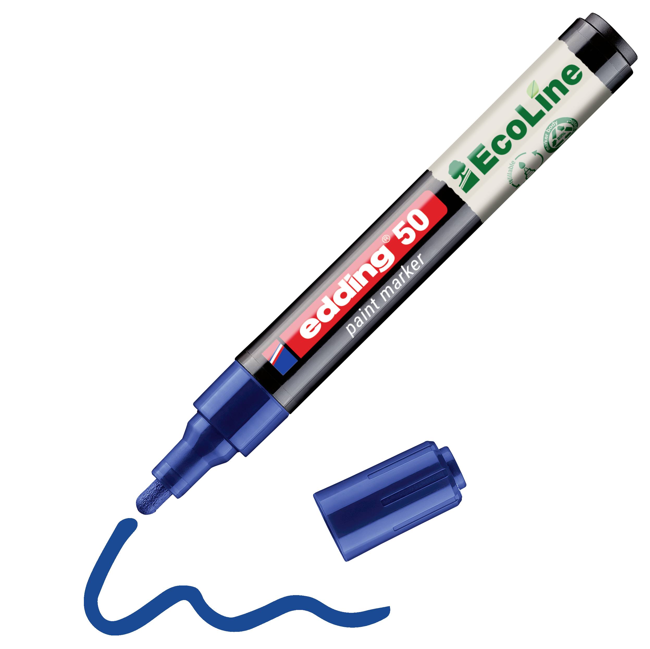 Blauer Edding 500 Lackmarker mit abgenommener Kappe, der eine blaue Wellenlinie schreibt; 