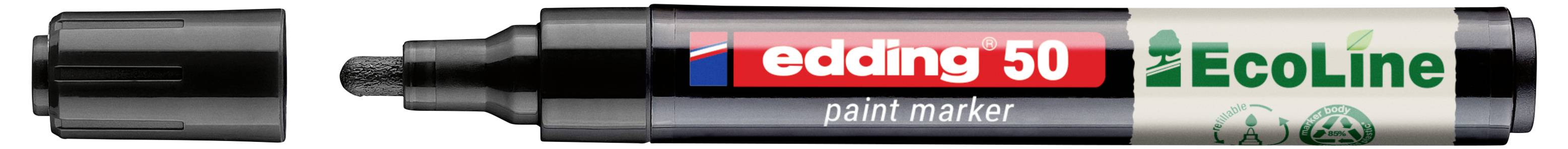 Schwarzer Edding 50 EcoLine Lackmarker horizontal dargestellt, mit entfernter Kappe und freigelegter schwarzer Schrägspitze, sichtbarer Beschriftungstext.