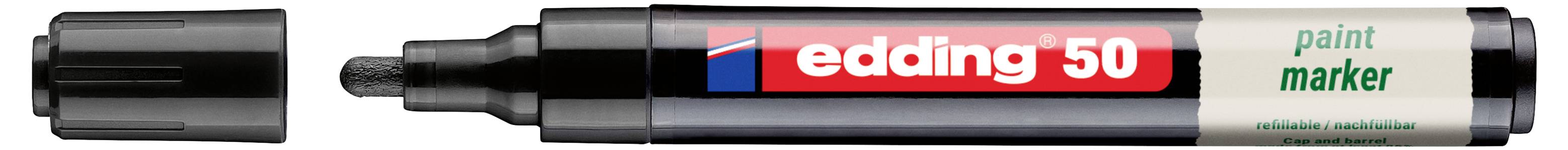 Schwarzer Edding 50 Lackmarker mit Kappe auf der linken Seite und Branding auf dem Schaft, horizontal auf weißem Hintergrund dargestellt.