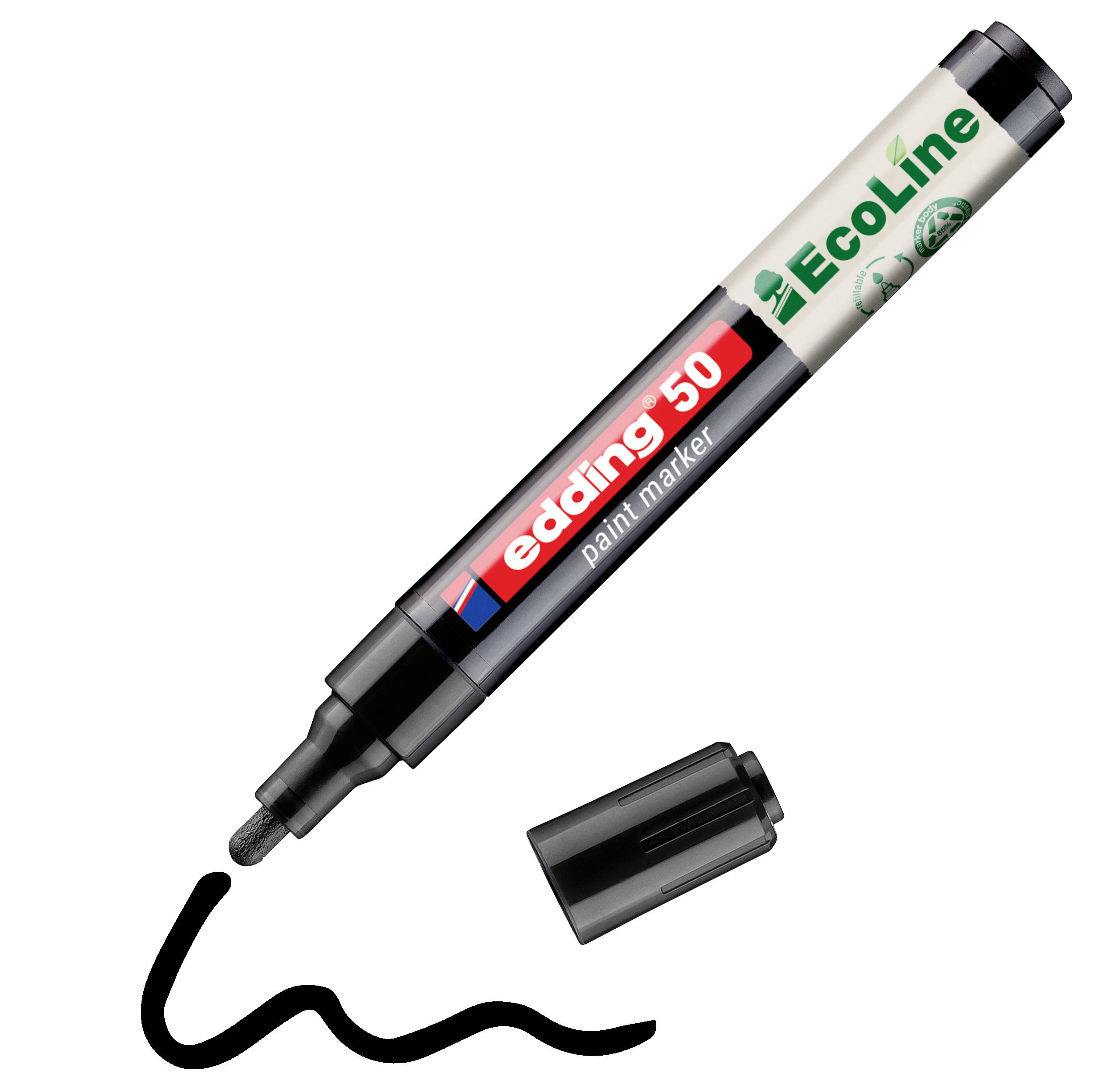Schwarzer Edding 50 Paintmarker mit abgenommener Kappe, der eine dicke schwarze Wellenlinie schreibt; mit der Bezeichnung 