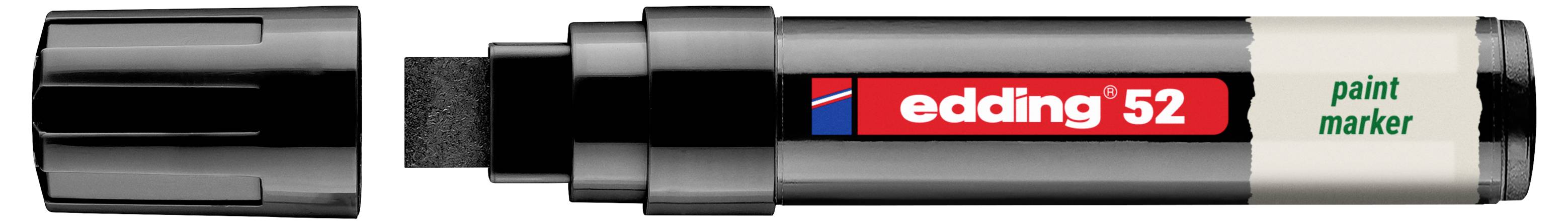 Schwarzer Edding 52 Lackmarker mit abgenommener Kappe, zeigt die Spitze und das beschriftete Fass auf weißem Hintergrund.