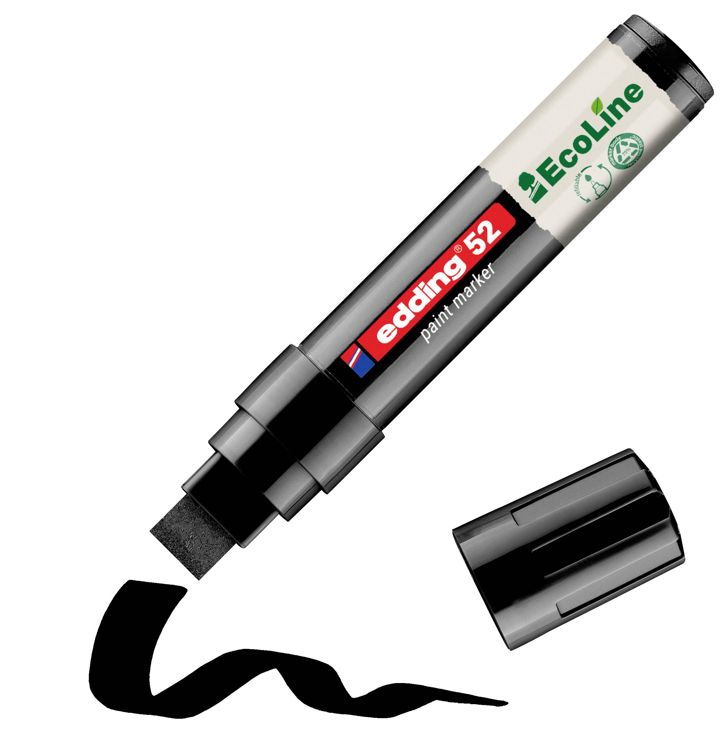 Schwarzer Edding 52 Ecoline Farbmarker in schräger Ansicht, mit einer Spitze, die eine dicke schwarze Wellenlinie zeichnet, und einer Kappe daneben.