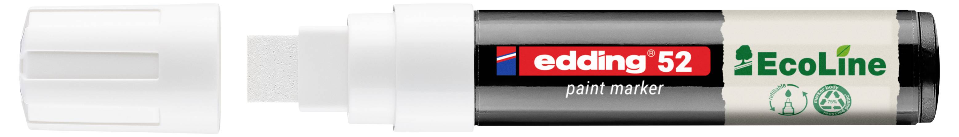 Weißer Edding 52 Lackmarker mit entfernter Kappe, zeigt schwarzen Markerstift mit der Bezeichnung „edding 52