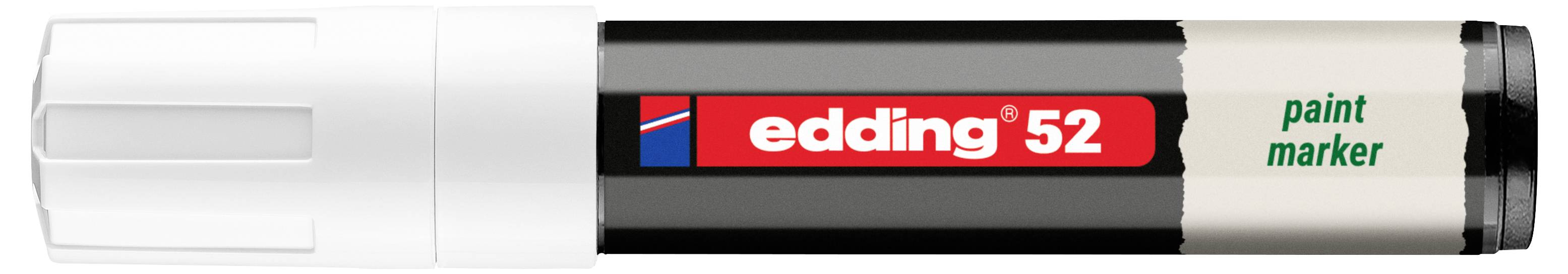 Ein schwarz-weißer Edding 52 Lackmarker mit rotem Etikett, horizontal auf hellem Hintergrund dargestellt.