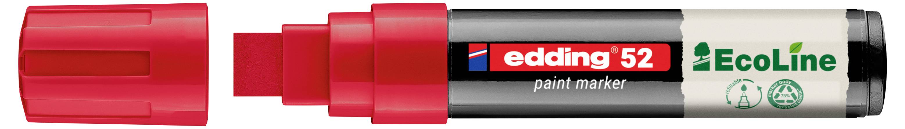 Roter Edding 52 Lackmarker, gezeigt mit entfernter Kappe, die die rote Meißelspitze und den schwarz-silbernen Schaft mit der Bezeichnung EcoLine offenbart.