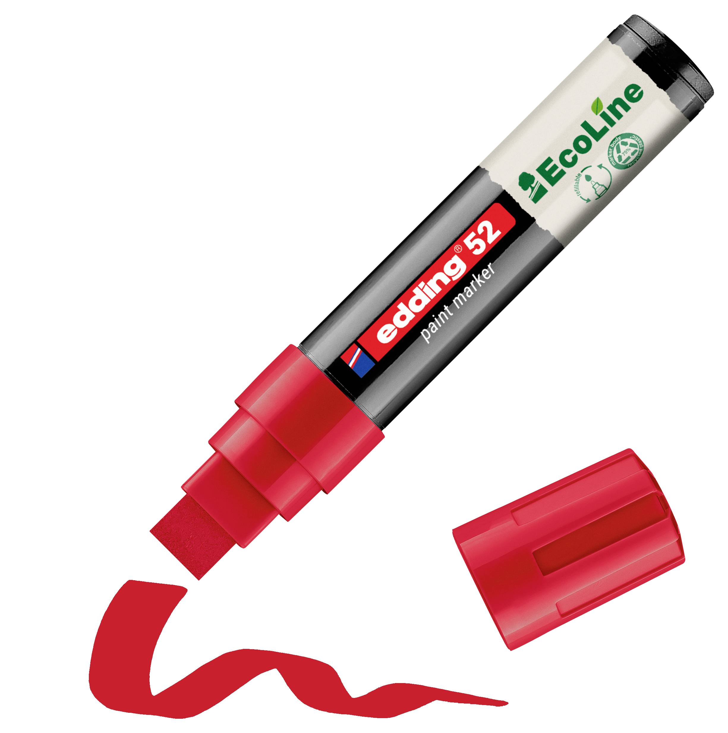 Roter Edding 52 EcoLine Lackmarker mit abgesetztem Deckel, der eine dicke rote Linie auf weißem Untergrund zeichnet.