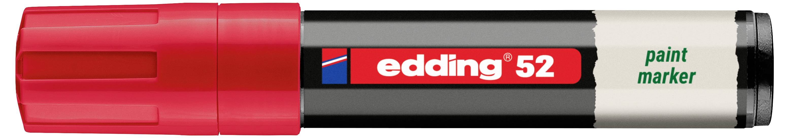 Edding 52 Lackmalstift mit schwarzem Gehäuse, rotem Etikett und grauer Kappe.