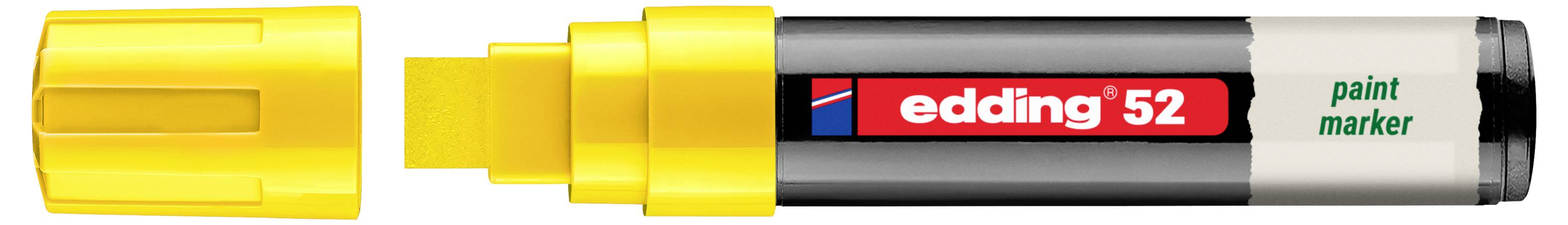 Gelber edding 52 Paintmarker mit abgenommener Kappe, zeigt den schwarzen Schaft und die silberne Spitze.