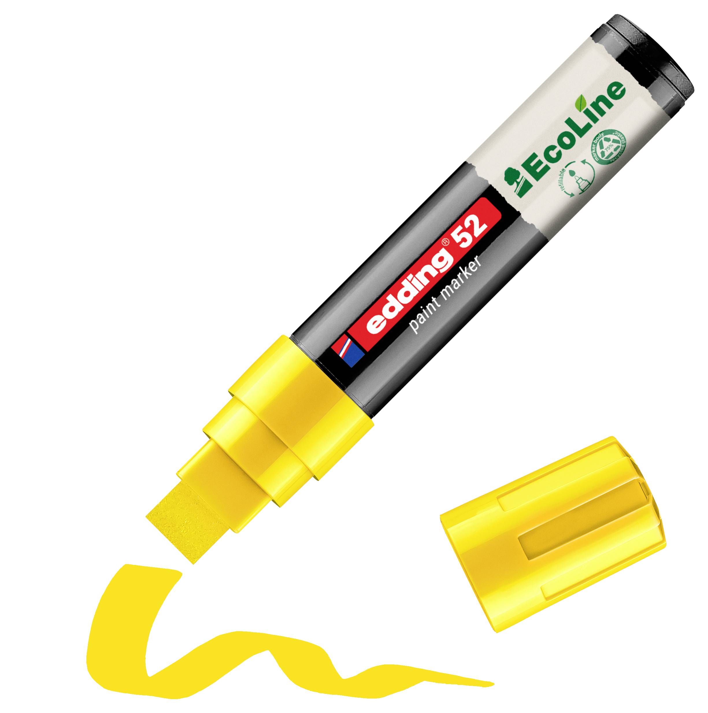Gelber Lack-Marker mit wellenförmiger Linie, daneben die Kappe gezeigt und sichtbare Markenbezeichnung 