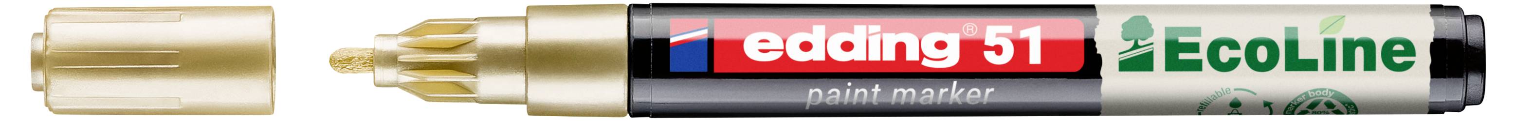Ein Goldfarben-Marker mit entfernter Kappe, der die goldene Spitze und einen schwarzgrünen Ecoline-Schaft mit der Aufschrift „edding 51 paint marker