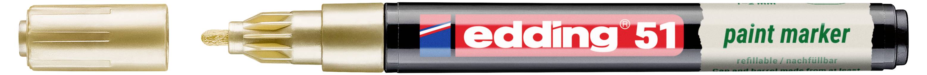 Edding 51 Lackmarker mit beigefarbener Kappe, aufgedeckt, um die goldene Meißelspitze zu zeigen.