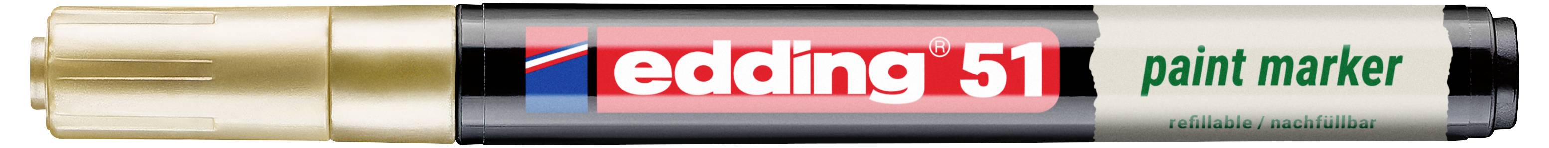 Goldbeschichteter Edding 51 Lackmarker mit schwarzem Schaft, rotem Logo und grünem Text "paint marker".