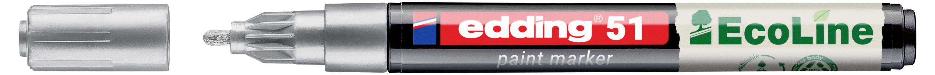 Ein Silberner Lackmarker mit Keilspitze und beschrifteter Kappe, auf der „edding 51 paint marker