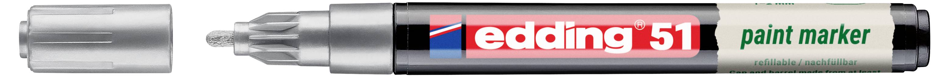 Silberner Edding 51 Lackmarkerstift mit Kappe, auf dem Schaft mit "edding 51" und "paint marker" beschriftet.