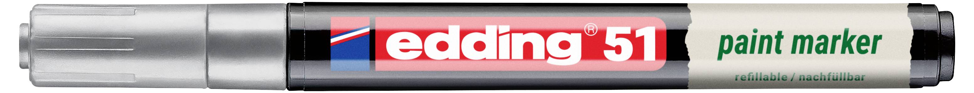 Silberner Edding 51 Marker mit schwarzem, rotem und grünem Etikett, horizontal auf weißem Hintergrund dargestellt.
