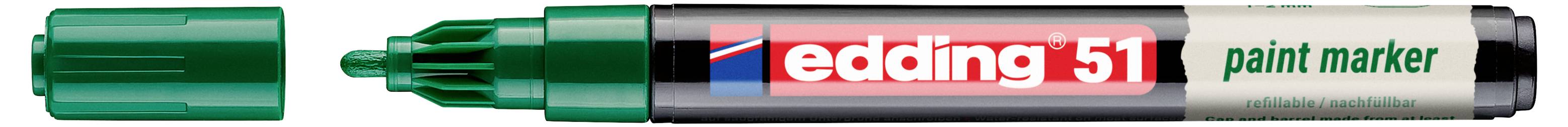 Grüner Lackmarker mit aufgesetzter Kappe, beschriftet mit "edding 751" und "paint marker".
