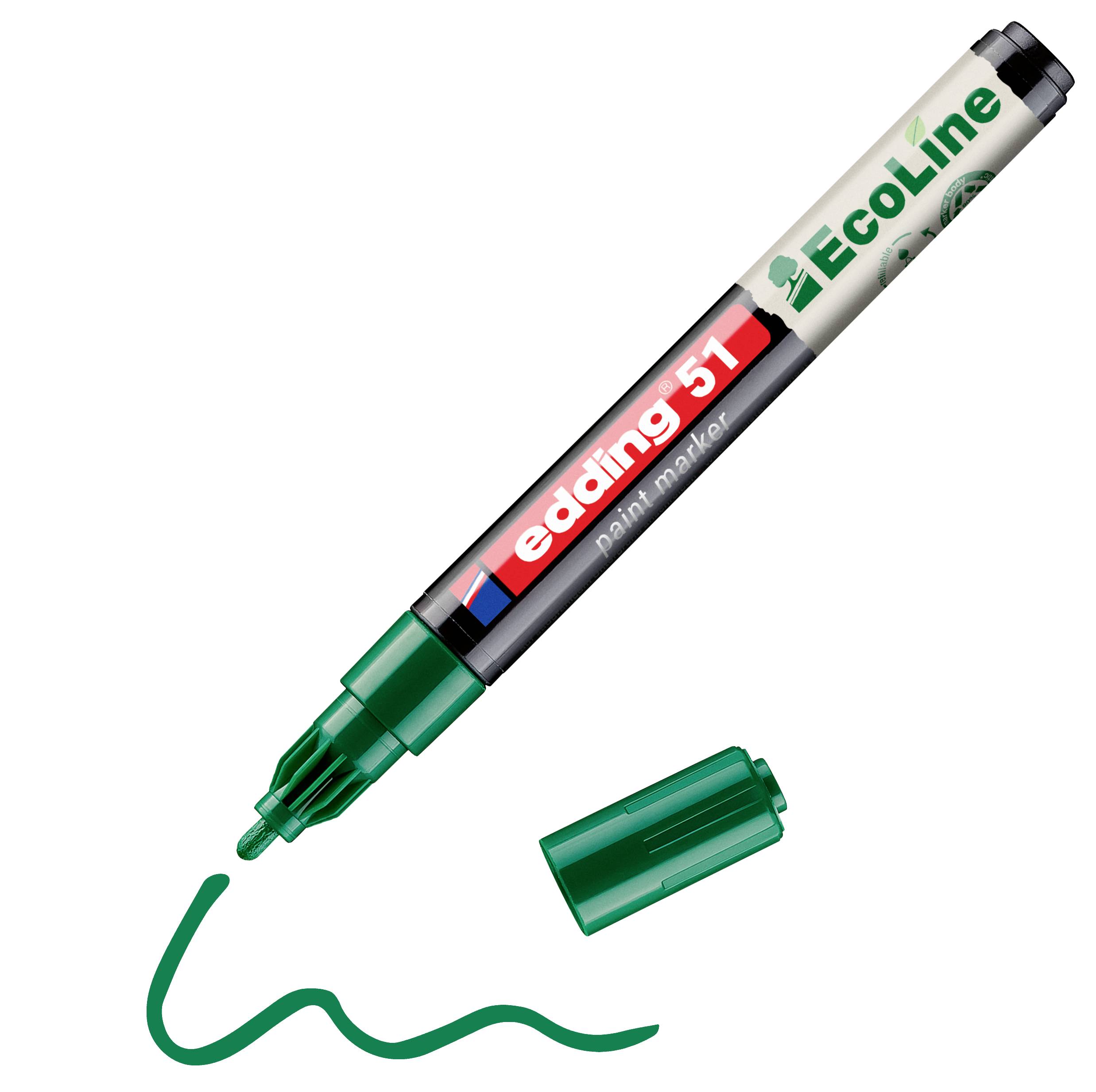 Grüner Edding 51 Malstift mit abgenommener Kappe, der eine grüne Wellenlinie auf weißem Hintergrund zeichnet.