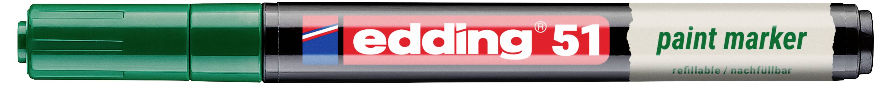 Grüner Edding 51 Lackmarker mit schwarzem Barrel und rot-weiß-Logo, horizontal auf weißem Hintergrund dargestellt.