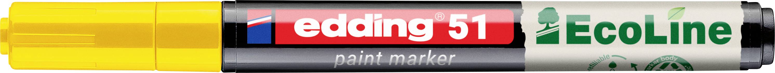 Gelber Edding 51 Paintmarker mit schwarzem, rotem und grünem Etikett, horizontal auf weißem Hintergrund dargestellt.