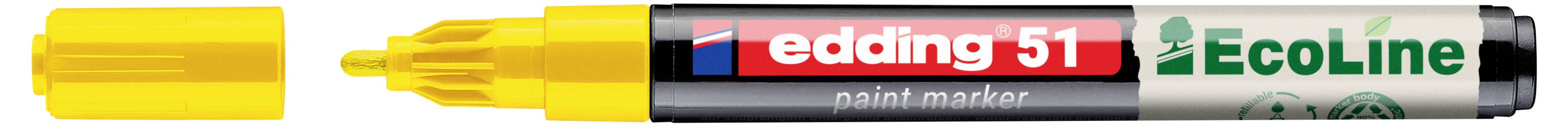 Gelber Edding 51 Lackmarker mit Keilspitze und Kappe, horizontal abgebildet mit schwarzem, rotem und grünem Branding auf dem Schaft.