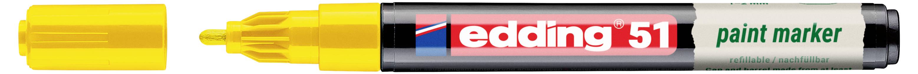 Gelber Edding 51 Lackmarker mit Kappe, die neben der freiliegenden Spitze gezeigt wird, mit der Beschriftung "edding 51" und "paint marker" auf dem Schaft.