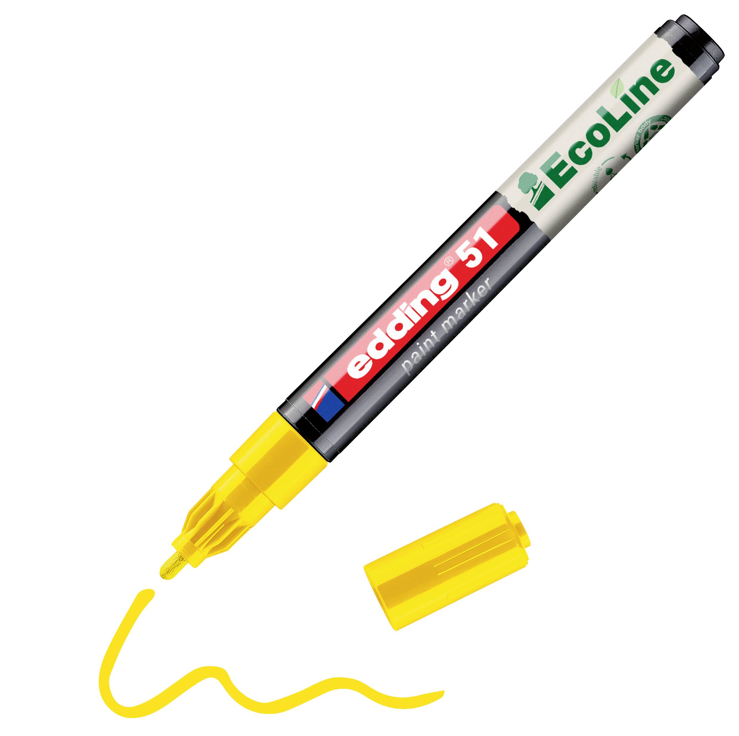 Gelber Edding 51 ECOline-Malstift mit abgenommener Kappe, der eine wellige gelbe Linie auf weißem Hintergrund zeichnet.